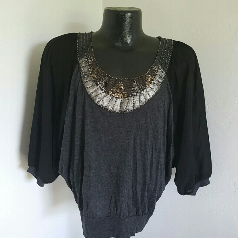 Miss Me Sequin Blouse Top Womens XS Raglan Sleeve